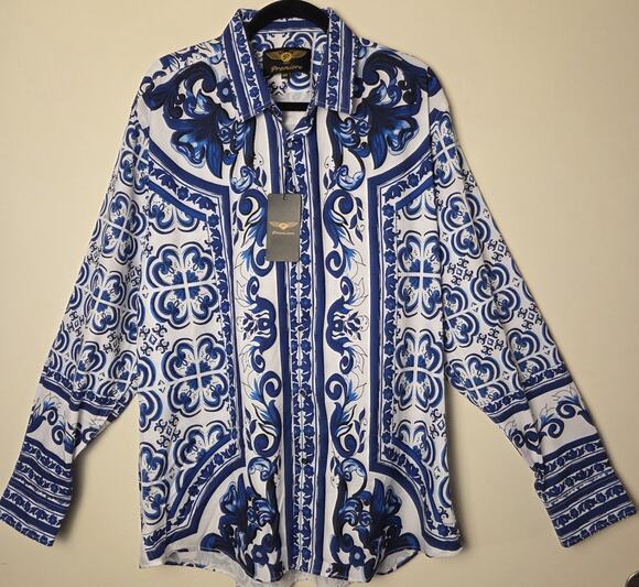 Premiere Other - PREMIERE Men Shirt XXL 2XL Long Sleeve Button Down Blue White Tile Baroque NWT